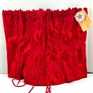 Red satin bustier corset size 42”. Laces in the back for adjustment.